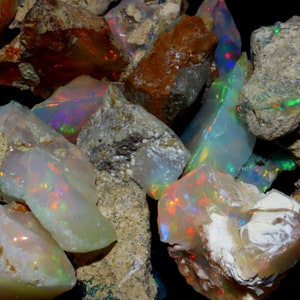 May include: A collection of rough opal stones in various sizes and shapes. The opals are a milky white with flashes of iridescent color, including green, blue, and red.