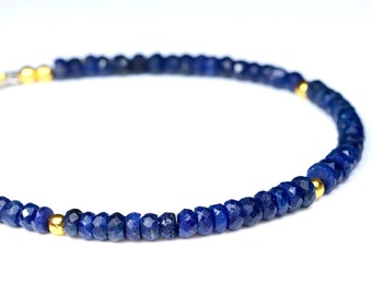 Pulseira de contas de safira azul: corrente de ouro 14k, pedra do mês de setembro
