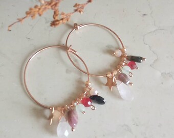 Pink silver hoop earrings with pendants