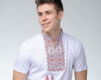 Ukrainian Men's Embroidered Shirt Vyshyvanka embroidery cross-stitch white and red ornament