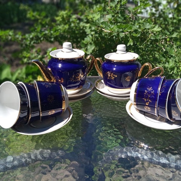 Vintage soviet Porcelain gold plated hand painted china Tea set for six people Cobalt Flower (Gorodnitsa Ukraine USSR)