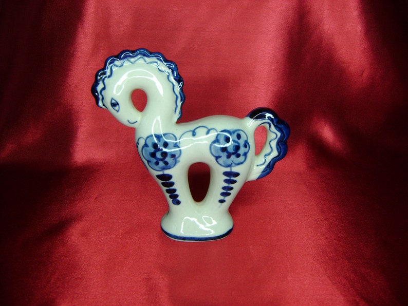 Very rare soviet Porcelain figurine white blue Horse stallion Gzhel cobalt hand painting Russia USSR 1970-80s