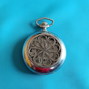 Vintage men mechanical pocket watch Molnija 3602 Lightning cap with pattern ornament filigree 18 stones (USSR 1970-80s)
