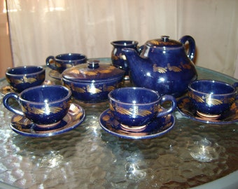 Vintage Ceramic gold plated Tea set for five people Cobalt (Bulgaria 1970-80s)