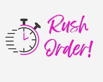 May include: A pink and black stopwatch with a white background. The text "Rush Order!" is written in pink.