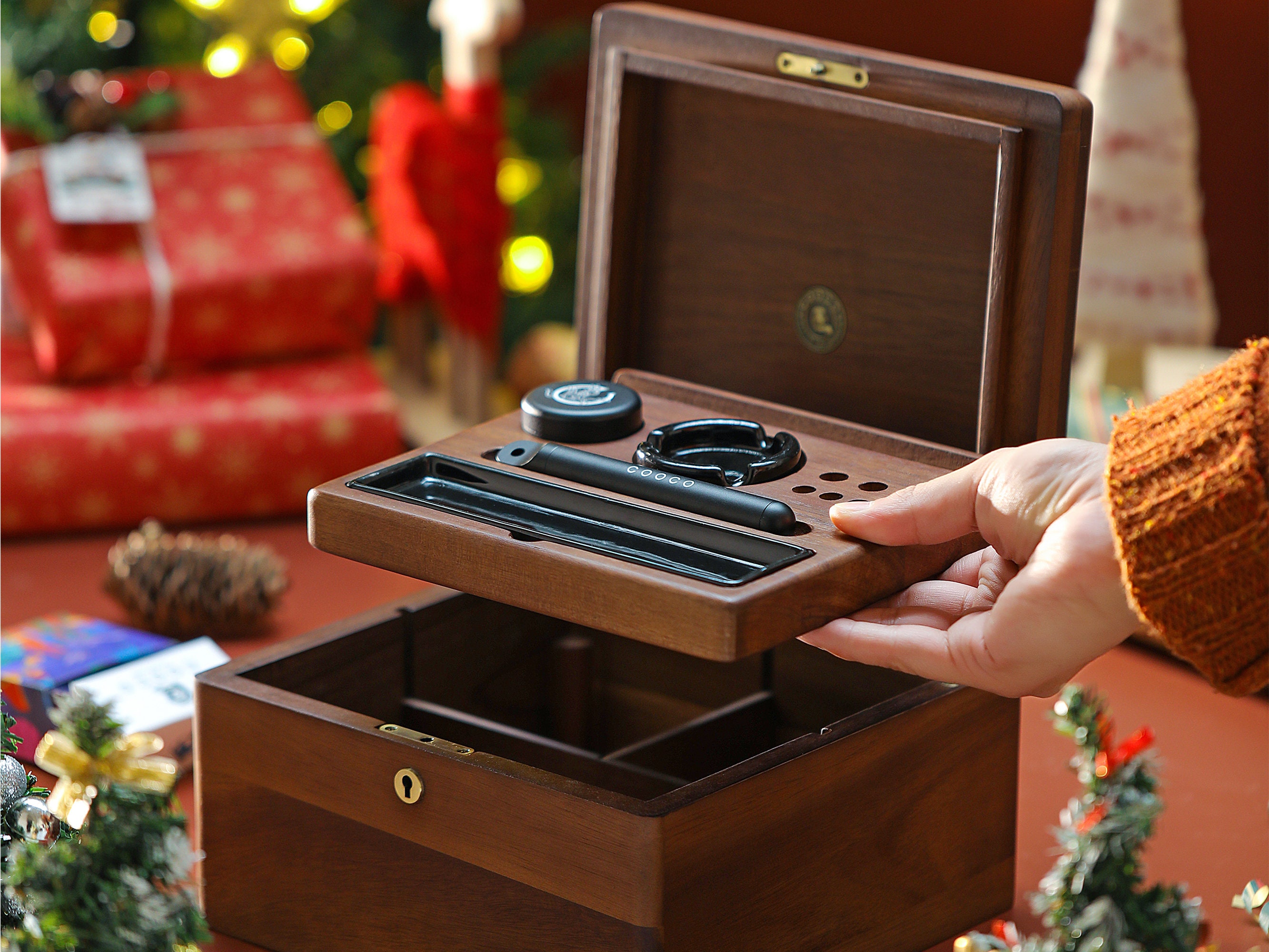 GREEN CROSS Rolling Tray Stash Box Lock Box With Key Wooden Box