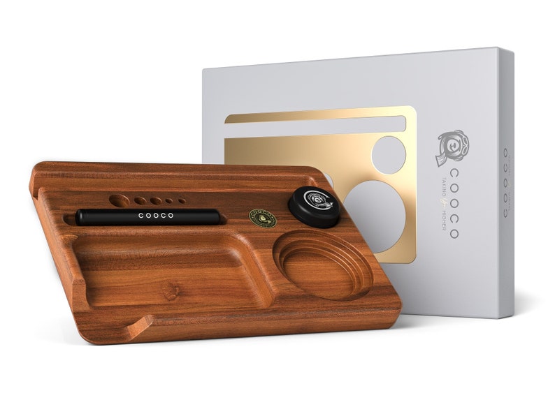 Cooco Acacia wood rolling tray set with Smell Prof doob tube and potspot jar | Wooden Stash Rolling Tray with Phone & Tablet Stand 