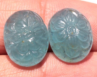 Natural Aquamarine Gemstone 21.65Ct Aquamarine Oval Aquamarine Carved 2 Pcs Pair Earring Size Aquamarine Birthstone Loose Gemstone 16x13x6MM