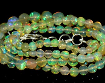 Natural Multi Fire Ethiopian Cabochon, Round Ball Beads Opal Smooth Beaded Necklace 6 to 3 MM 48.10 CRT White Opal Gemstone Jewelry.