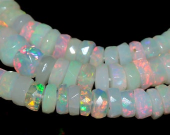 100% Natural Welo Fire Ethiopian Opal Faceted Gemstone Opal Beaded Necklace 18" Welo Fire Rondelle Shape Opal Gemstone 57.75 Ct 3 To 5 MM