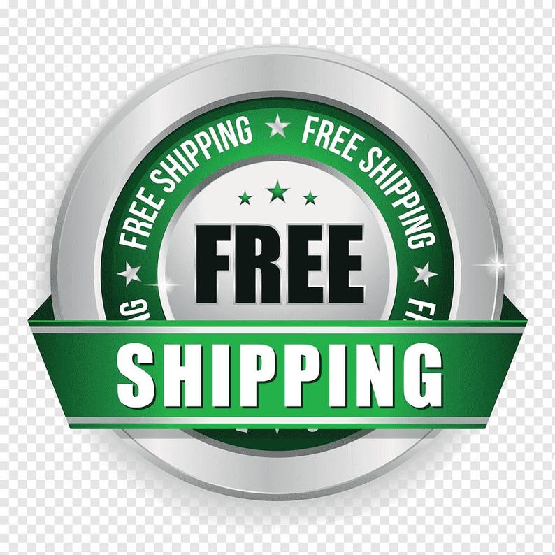 Puede incluir: Una insignia plateada y verde con el texto "FREE SHIPPING" en un c&iacute;rculo alrededor de la palabra "FREE" en el centro. Una cinta verde con el texto "SHIPPING" est&aacute; unida a la parte inferior de la insignia.