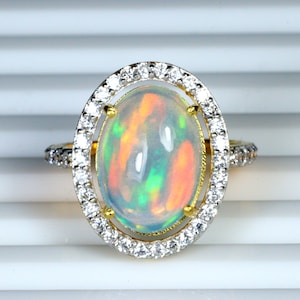 14K Gold Ethiopian Opal Ring: Zircon Halo Statement Ring