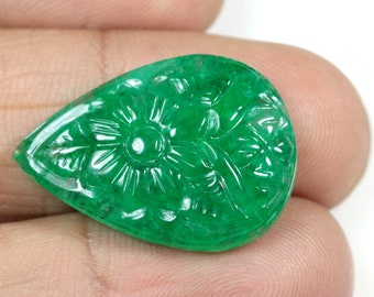 AAA+ Green Emerald Carving Gemstone Pear Shape Beryl Emerald Gemstone Pendant Size Emerald Flower Carved Loose Gemstone 20.30 Ct 26x18x6 MM