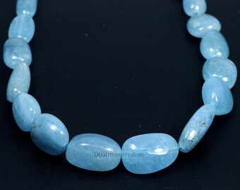 Smooth Aquamarine Cabochon Tumbled Beads Stone Necklace, Blue Aquamarine Nuggets Crystal Necklace 10-19 mm - 21" strand / 245Carat