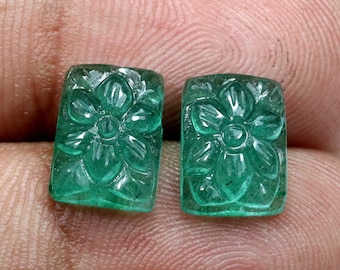 Carved Emerald Gemstone Pair 5.85 Ct Beryl Emerald Rectangle Shape Gemstone Earring Set Emerald Gemstone May Birthstone Gemstone 10x8x4 mm