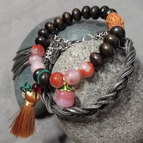 Certified Natural South Red Agate & Ebony Wood Twin Bracelet  display picture 2