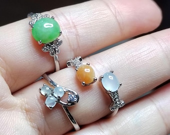 Burmese A Grade Natural Untreated Jadeite Ring Set Green, Yellow & White S925 Silver SL407