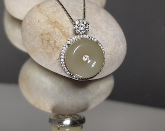 Certified A-Grade Natural Untreated Burmese Tea Yellow Donut Zircon Luxury Jadeite Pendant Necklace S925 SL264X23