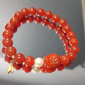 Certified Natural Untreated China Baoshan Southern Red Oily Nanhong Agate Brave Troops Bead, Fresh Water Pearl l, S925 Leaf Bracelet SL281