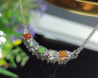 Five Color Icy Clean A-Grade Burmese Minimalist Pendant Necklaces Jadeite 925 Sterling Silver with 18k White Gold Plated SL074