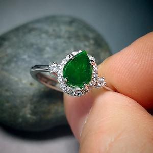 Certified A-Grade Natural Untreated Burmese Elegant Tear Drops Imperial Green With Zircon Set S925 Sterling Silver Jadeite Ring SL243X2