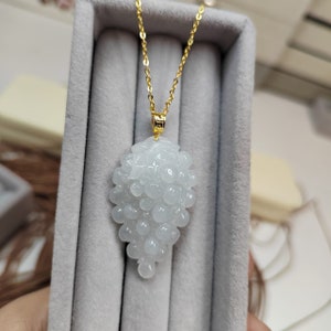 Certified Burmese Gemstone A-Grade White Icy Hand Carved Grape Shape Jadeite Pendant | 18k Solid Yellow Gold Buckle | Gifts For Her SL8020