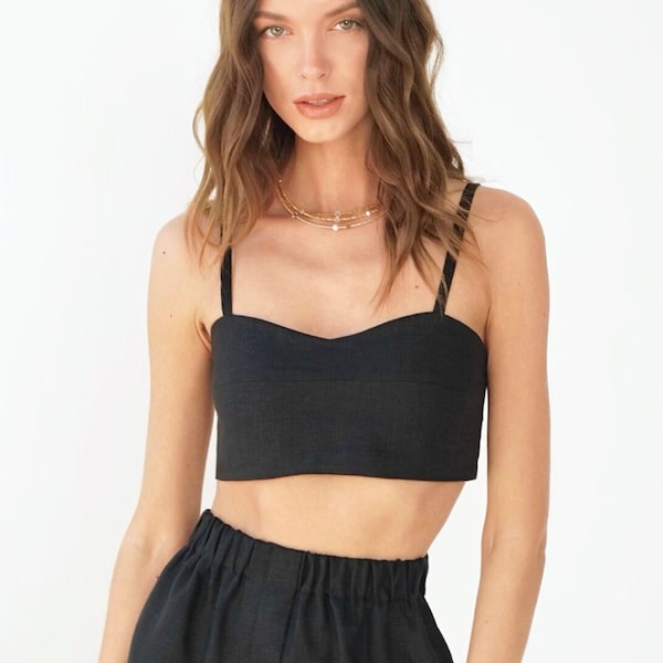 Linen crop top with spaghetti straps Sleeveless tank top Bralette top Cami top