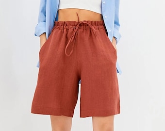 High-Waisted Linen Shorts for Women with Tied Waistband, Pockets, and Oversized Fit - Medium Length, Perfect for Summer