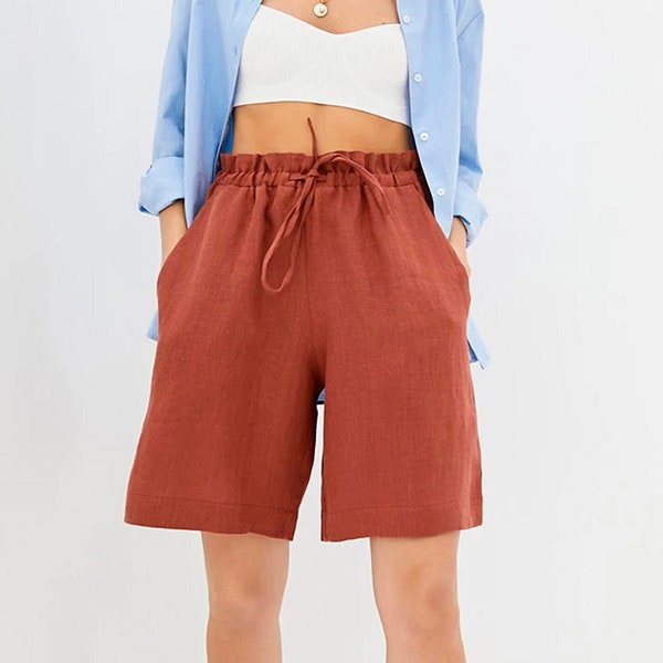 High-Waisted Linen Shorts for Women with Tied Waistband, Pockets, and Oversized Fit - Medium Length, Perfect for Summer