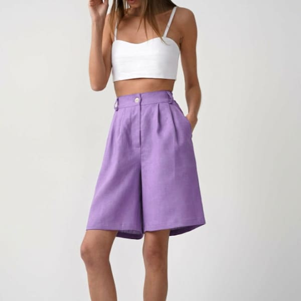 High-Waisted Linen Bermuda Shorts for Women with Pockets | Loose Relaxed Fit