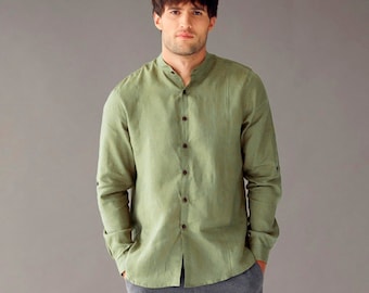 Linen shirt for men Band collar classic shirt Linen clothing