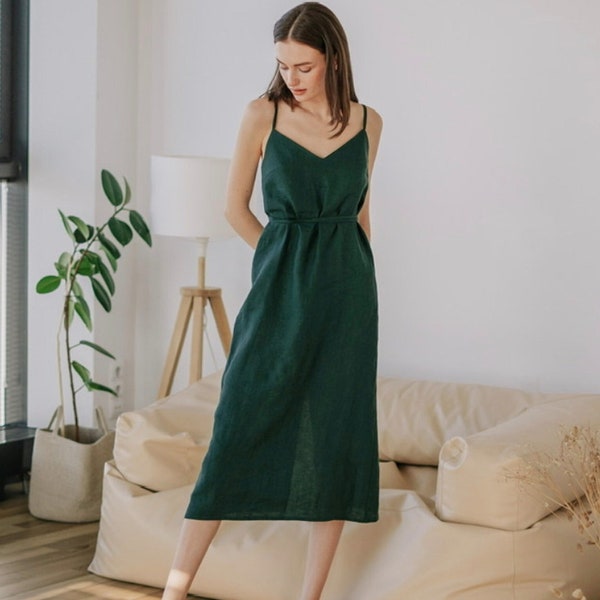 Linen Maxi Dress for Women - Open Back, Sleeveless, Spaghetti Straps, Low back - XS to Plus Size - Elegant and Romantic