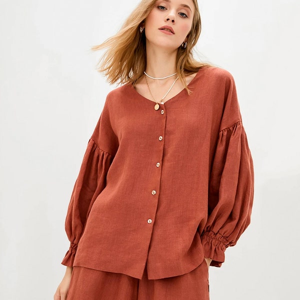 Linen Puff Sleeve Blouse - Oversized Women's Shirt with Buttons, V-Neckline, and Loose Fit