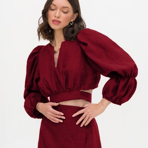 Linen Blouse with Puffy sleeves | V neck crop top with Long Balloon Sleeve