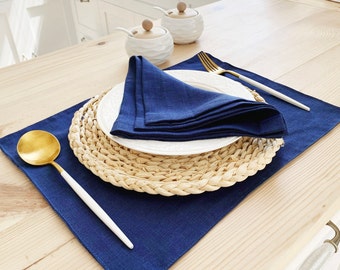 Indigo blue linen placemats Set of 2 Dinner table Dark Royal blue wedding cloth place mat Custom size Christmas