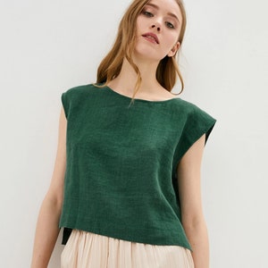 Loose Linen Crop Top for Women - Boat Neck Short Sleeve Tee Shirt - Basic Blouse - Breathable Linen Clothing