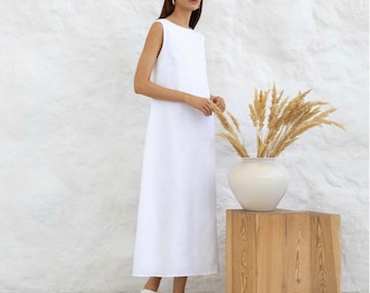 Maxi linen dress Open back Boat neck Sleeveless dress sundress