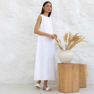 Maxi linen dress Open back Boat neck Sleeveless dress sundress