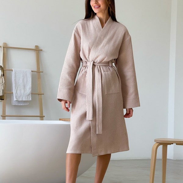 Waffle cotton robe Kimono bathrobe for women