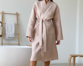 Waffle cotton robe Kimono bathrobe for women