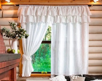 Ruffled cafe linen curtains Short panels Tabs Tie top Rod pocket Semi sheer Kitchen Bathroom window drapes