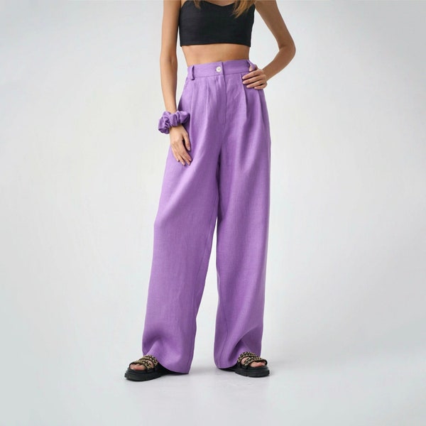 Linen loose pants Wide leg palazzo pants women Elastic high waist Relaxed fit Oversized summer clothing