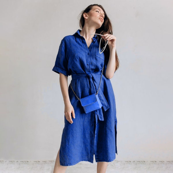 Midi linen shirt dress with buttons for women Loose Half sleeves Casual clothing