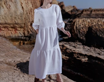 Linen maxi dress for women with ruffles Loose dress with 3/4 sleeves Oversized dress Long beach dress Linen clothing