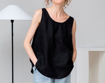 Linen Simple Tank Top - Sleeveless Loose Blouse with Boat Neck - Available in Multiple Colors and Sizes - Perfect for Any Occasion