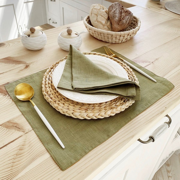Olive green linen placemats Set of 2 Dinner table Wedding cloth place mat moss green