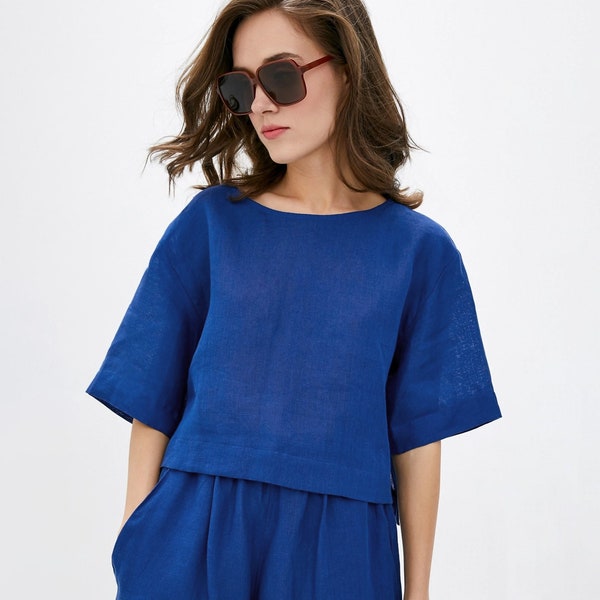 Haut en lin pour femmes Loose crop top Boat neck blouse lin surdimensionné t-shirt Boxy lin débardeur vêtements en lin