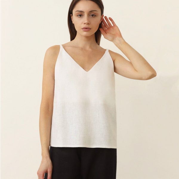 Linen strap top Sleeveless tank top with open back V neck Slip top Summer blouse Camisole spaghetti straps