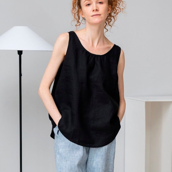 Linen Simple Tank Top - Sleeveless Loose Blouse with Boat Neck - Available in Multiple Colors and Sizes - Perfect for Any Occasion