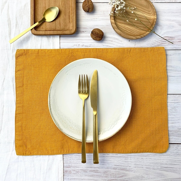 Mustard yellow linen placemats Set of 2 Dinner table place mat Wedding cloth placemats Mimosa Golden Amber Saffron